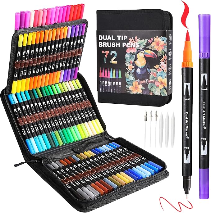 TOSHARE 72 Colors Brush & Fine Dual Tip Watercolor Markers for Adult Coloring Books No Bleeding Paint Pens For Drawing Note Taking Planner Calligraphy Journaling Card Making Back-to-School Supplies