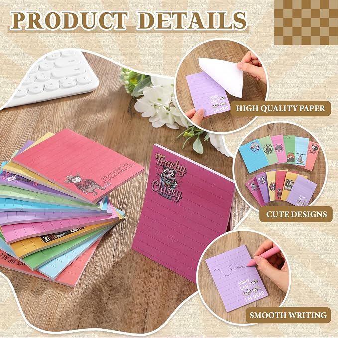 12 Pcs Funny Sticky Notes for Work 4x3 Inches Sarcastic Self Adhesive Notepads Novelty Memo Pads for Office Coworker Gifts Employee Appreciation Supplies(Opossum-Lines,Multi Color)