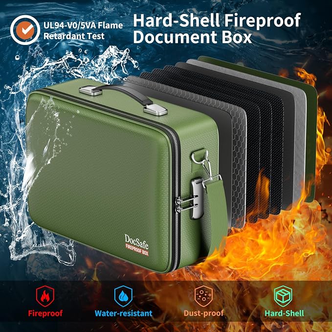 DocSafe Fireproof Document Box with Lock, Hard Case File Organizer with Accordion File Folder, Fireproof Water Resistant Safe Box Home Office Travel Storage for Important Documents Laptop Green