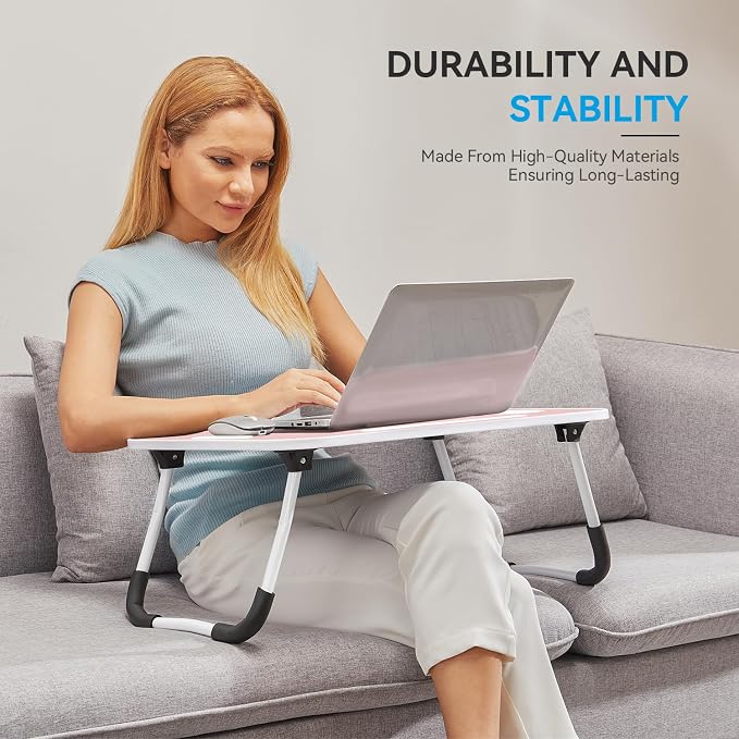 BUYIFY 23" Foldable Lap Desk for Laptop Writing w/Cup Holder Pink | Sturdy and Durable, Laptop Bed Desk with Tablet Slot, No Assembly, Space Saving for Bed Couch Dorm WFH Students