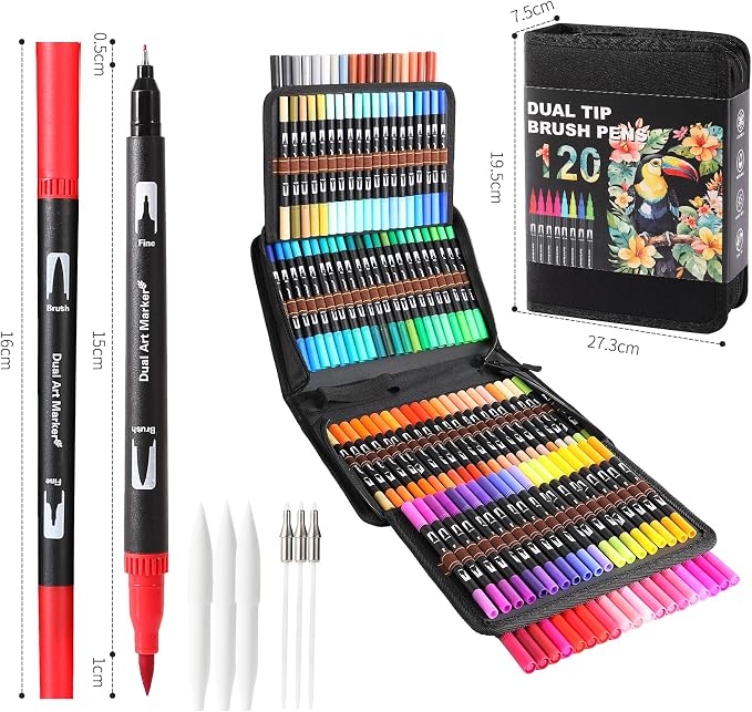 TOSHARE 120 Colors Brush & Fine Dual Tip Watercolor Markers for Adult Coloring Books No Bleeding Paint Pens For Drawing Note Taking Planner Calligraphy Journaling Card Making Back-to-School Supplies