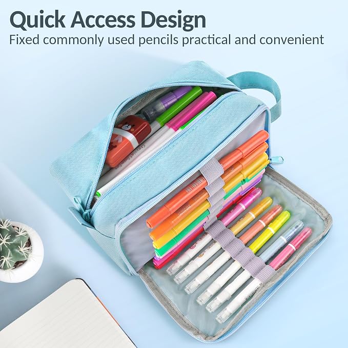 Sooez Original High Capacity Pencil Case, Big Pencil Bag Pouch Box Organizer Pen Case, Aesthetic Supply for Girls Adults, Portable Journaling Supplies with Easy Grip Handle & Loop, Blue