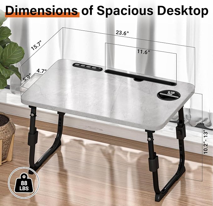 Lap Desk for Bed, Adjustable Laptop Desk with USB Charging Port, Storage Drawer & Bookshelf — Foldable Bed Desk for WFH & Students, 23.6" Desktop Fits 19" Laptop, Non-Slip, Light Stone Texture