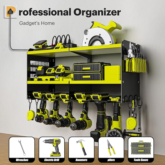 Spampur Power Tool Organizer, 15 Min Quick Assembly & Max 420lb Load by Heavy Duty Metal, 6 Slots for Cordless Drill with 4 Outlet Power Strip in Garage/Workshop/Suitable for Thanksgiving/Christmas | Max 420lb Load by Heavy Duty Metal, 6 Slots for Cord...