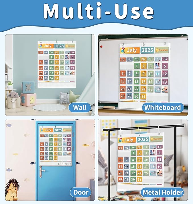 Yoink 48 Pockets Classroom Calendar Pocket Chart for Kids Learning - Monthly Calendar with Durable Fabric, Homeschool and Teacher Supplies, Preschool Kindergarten Wall Decor, Only Chart (White)