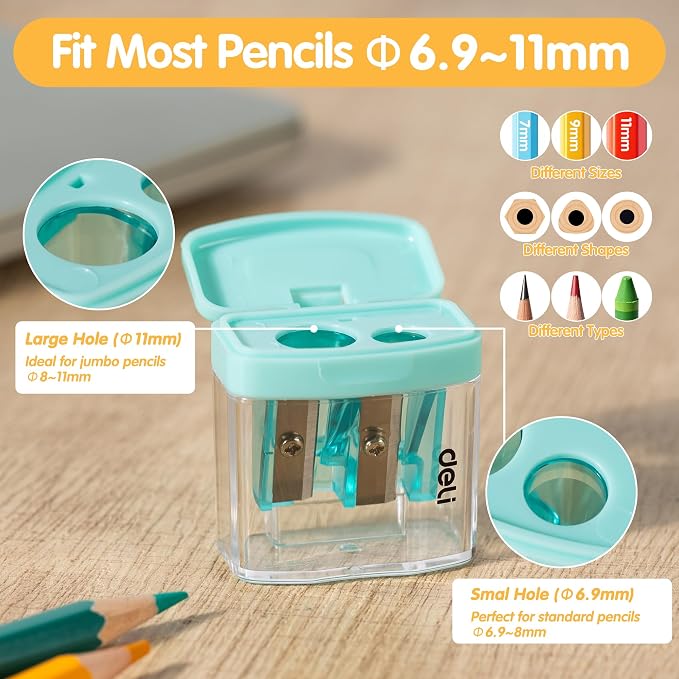 Deli Pencil Sharpener, 100 Pack Pencil Sharpeners Manual, Dual Holes Compact Colored Handheld Pencil Sharpener with Lid for Kids, School, Office