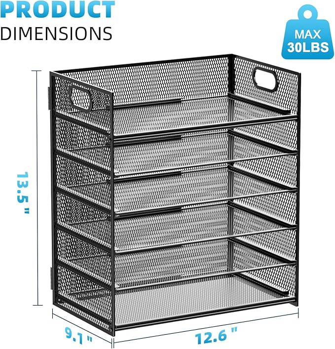 Marbrasse 6 Tier Paper Organizer Letter Tray - Mesh Desk File Organizer with Handle, Paper Sorter Organizer for Letter/A4 Office File Folder Holder - Black