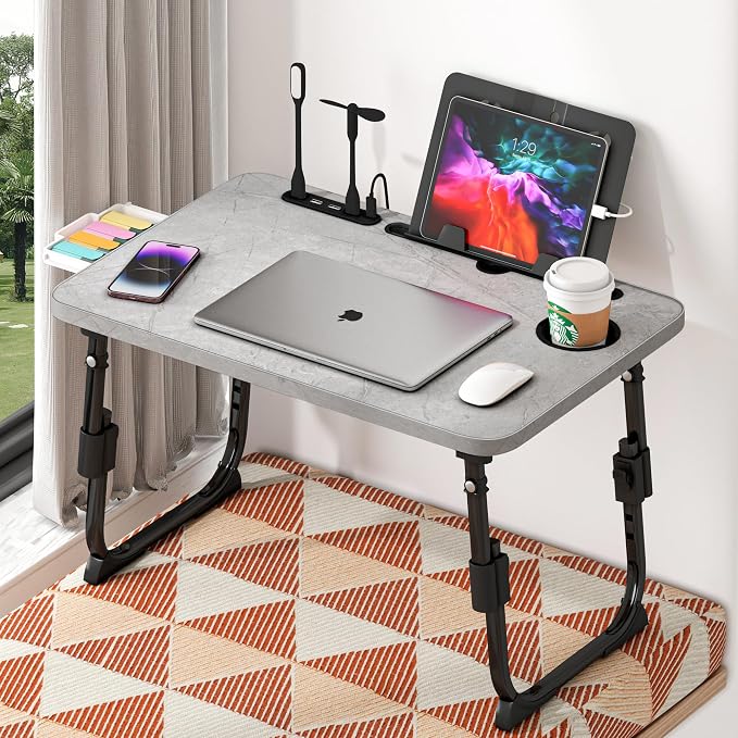 Lap Desk for Bed, Adjustable Laptop Desk with USB Charging Port, Storage Drawer & Bookshelf — Foldable Bed Desk for WFH & Students, 23.6" Desktop Fits 19" Laptop, Non-Slip, Light Stone Texture