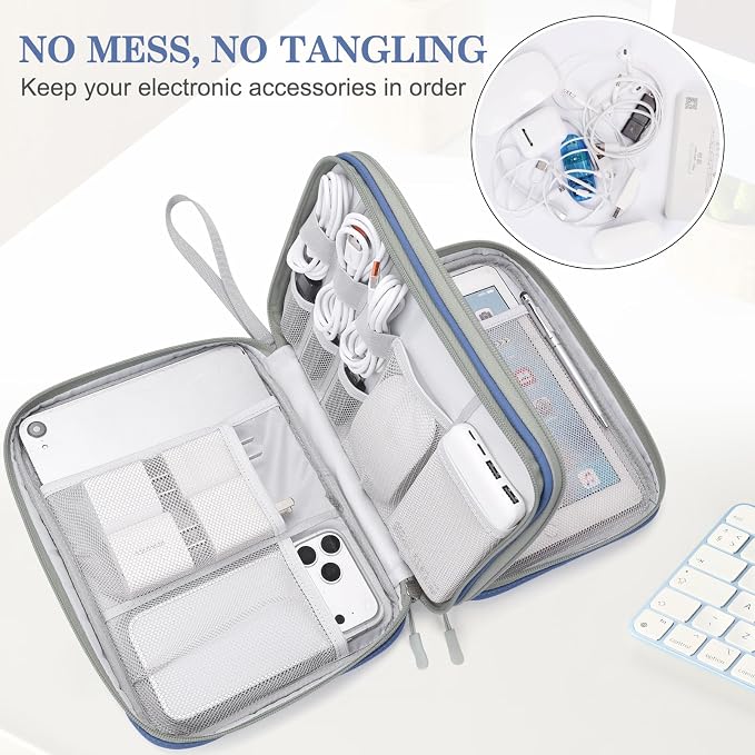 FYY Electronic Organizer, Extra Large Travel Cable Organizer Bag Pouch Portable Waterproof Double Layers All-in-One Storage Bag for iPad, Cable, Power Bank, Laptop Charger for Office, Blue-Pattern