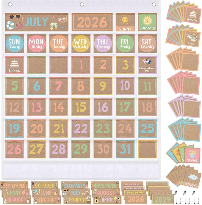 Sinload Classroom Calendar Pocket Chart Set Calendar Bulletin Board Set Seasons Festival Weather Pocket Chart for Classroom Decoration Back to School Supplies(Rustic,White)