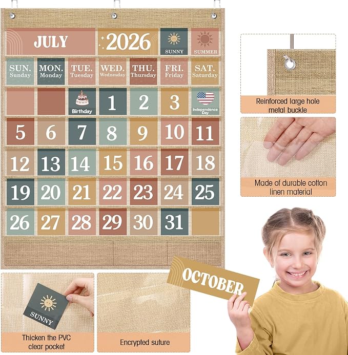 Sinload Classroom Calendar Pocket Chart Set Calendar Bulletin Board Set Seasons Festival Weather Pocket Chart for Classroom Decoration Back to School Supplies(Modern Boho,Linen Color)