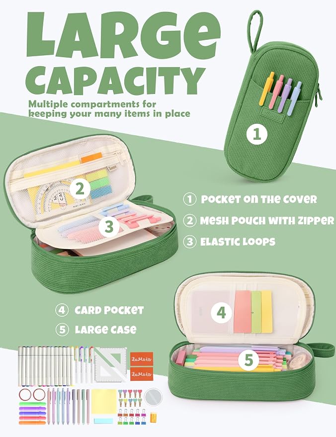 SUNEE Cute Pencil Case, Large Pencil Pouch, Soft Corduroy Fabric Big Pencil Bag with Zipper, Kawaii Pen Bag Stationery Storage and Organizer, School Supplies for Teen, Student, Boys, Girls, Soft Green
