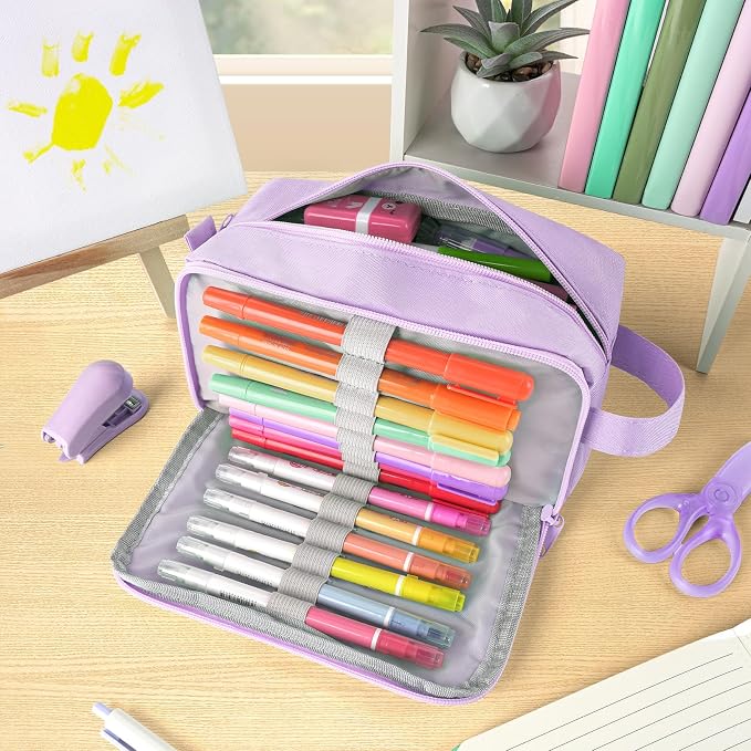 Sooez Original High Capacity Pencil Case, Big Pencil Bag Pouch Box Organizer Pen Case, Aesthetic Supply for Girls Adults, Portable Journaling Supplies with Easy Grip Handle & Loop, Purple