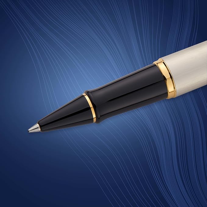 Waterman Expert Rollerball Pen Stainless Steel with 23k Gold Trim Fine Point Black Ink Gift Box