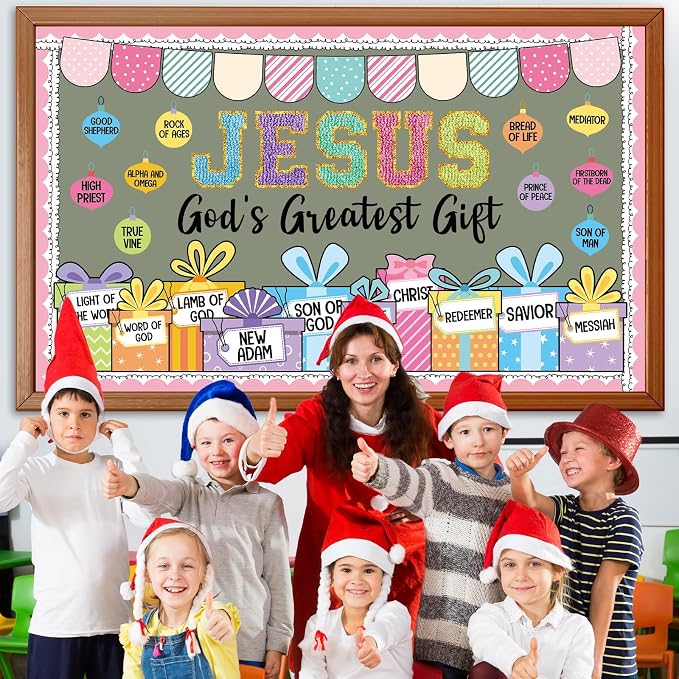 Christmas Bulletin Board Decorations Set Jesus God's Greatest Gift Christmas Classroom Bulletin Board Decor Religious Christian Xmas Ball Gift Boxes Cutouts for Holiday Church Sunday School Door Wall