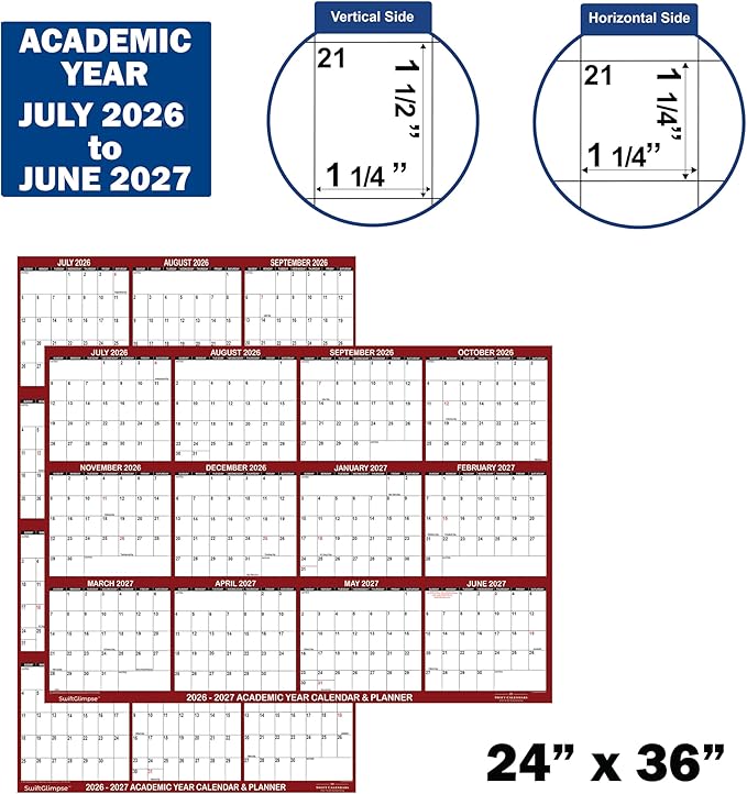 24" x 36" SwiftGlimpse 2026-2027 Academic Wall Calendar, Large, Wet & Dry Erase Laminated, Reversible, Yearly Planner, July 2026 to June 2027 only, Maroon