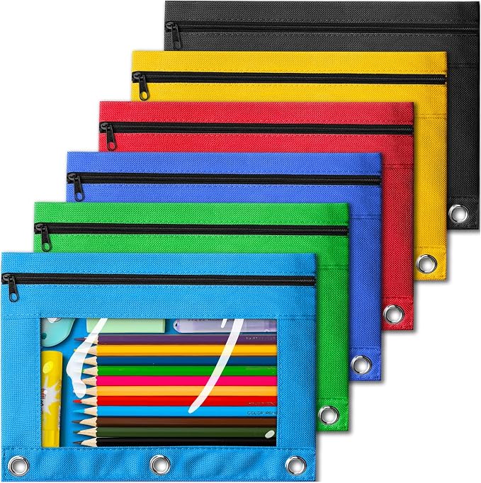 V-Opitos Pencil Pouch for 3 Ring Binder, Bulk 6 Pack 3-Holes Zipper Pencil Pouches in Assorted Colors, Sturdy and Durable Cloth Pencil Case with Clear Window for Office School College Supplies