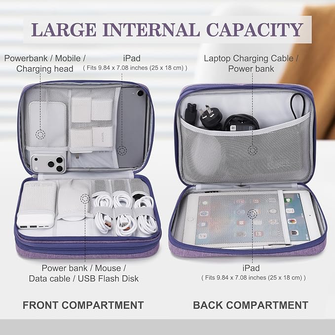 FYY Electronic Organizer, Extra Large Travel Cable Organizer Bag Pouch Portable Waterproof Double Layers All-in-One Storage Bag for iPad, Cable, Power Bank, Laptop Charger for Office/Home, Dark Purple