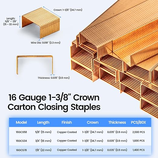 meite Carton Closing Staples 1-3/8" Wide Crown 7/8" Leg 1,400PCS x 2 Boxes | Copper-Coated 16 Gauge Carton Staples for Pneumatic or Manual Box Stapler Gun - Cardboard Closer Packaging