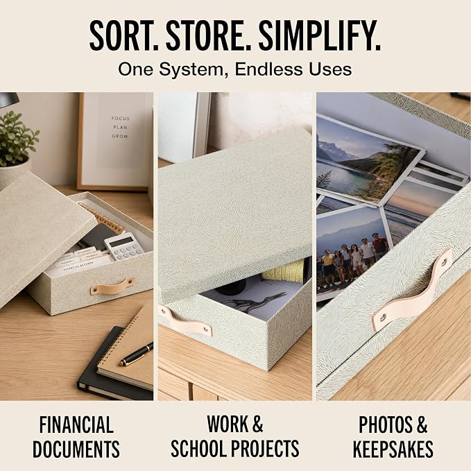 Bigso Oskar Fiberboard Document Storage Box with Lid for A4 and Letter Size Papers - Stylish, Sturdy, and Stackable Keepsake Box with Leather Handle - W10.2in x D13.8in x H3.3in - Waves Gold