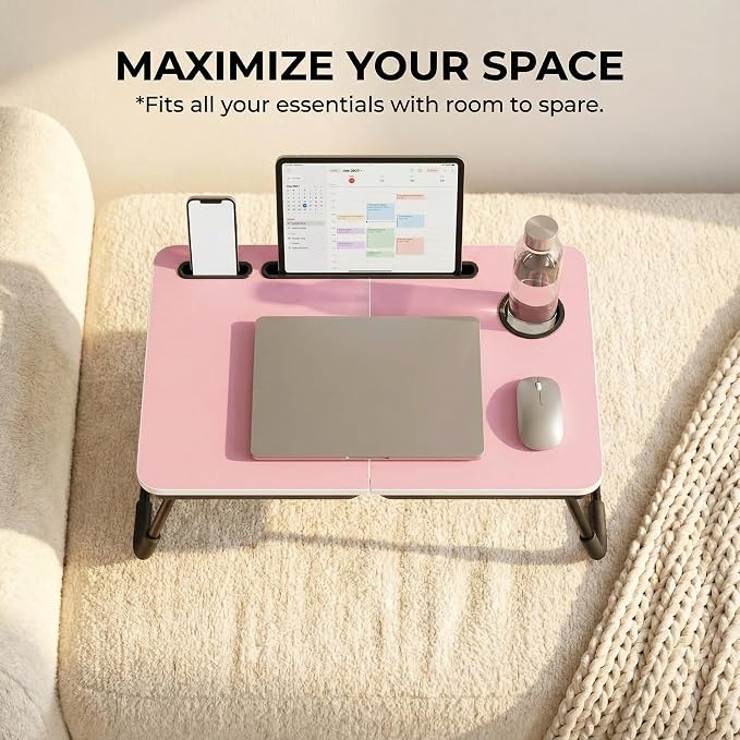 BUYIFY 23.4" Foldable Lap Desk Bed Table with Cup Holder Portable Tray Pink | Folds Flat for Easy Storage, No Assembly Laptop Bed Desk, Sturdy and Lightweight, Versatile for Work Eat Study, Patent Design