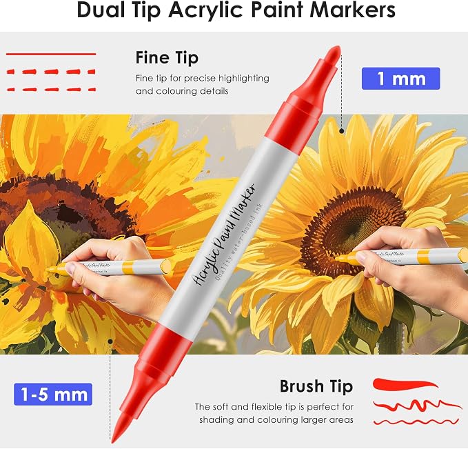 WELLOKB 80 Colors Dual Tip Acrylic Paint Markers, Fabric Markers, Brush Tip Permanent Acrylic Paint Pens for Wood, Glass, Rocks, Paper, Coloring book,Ceramic,DIY Crafts for Adults (24, Brush&Fine)