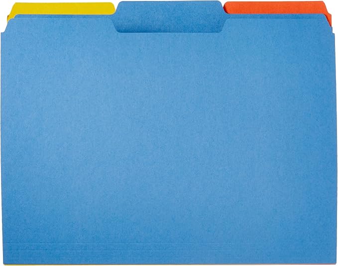 Amazon Basics Sturdy File Folders with Tabs for Filing and Organization, AMZ401, Letter Size, Assorted Colors, 100-Pack