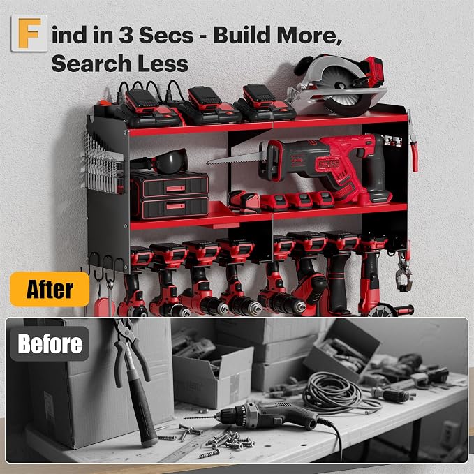 Spampur Power Tool Organizer Wall Mount with Charging Station | Maximum 420lbs Load by Heavy Duty Metal, 8 Slots for Cordless Drill, Tool Battery Holder with 6 Outlet Power Strip