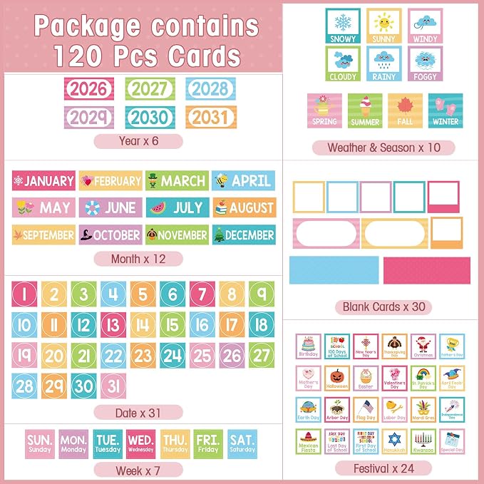 Sinload Classroom Calendar Pocket Chart Set Calendar Bulletin Board Set Seasons Festival Weather Pocket Chart for Classroom Decoration Back to School Supplies(Pastel,White)