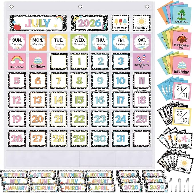 Sinload Classroom Calendar Pocket Chart Set Calendar Bulletin Board Set Seasons Festival Weather Pocket Chart for Classroom Decoration Back to School Supplies(Composition,Black)