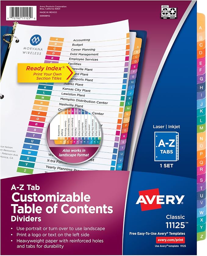 Avery A-Z Dividers for 3 Ring Binders, 26 Tabs per Set, Customizable Table of Contents, Multicolor Tabs, Great for Organizing Reports, Projects, and More (11125)