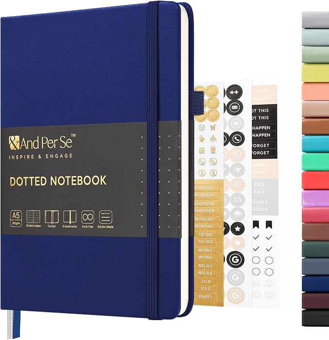 &And Per Se Dotted Journal Notebook, A5 Hardcover Leather Bullet Dotted Journal, 160 Pages 100 gsm Thick Paper, 3 Sheets of Stickers Included - 5.7'' x 8'' (Royal Blue)