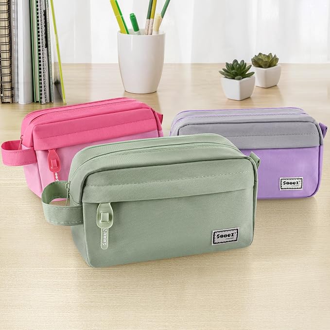 Sooez Original High Capacity Pencil Case, Big Pencil Bag Pouch Box Organizer Pen Case, Aesthetic Supply for Girls Adults, Portable Journaling Supplies with Easy Grip Handle & Loop, Olive Green