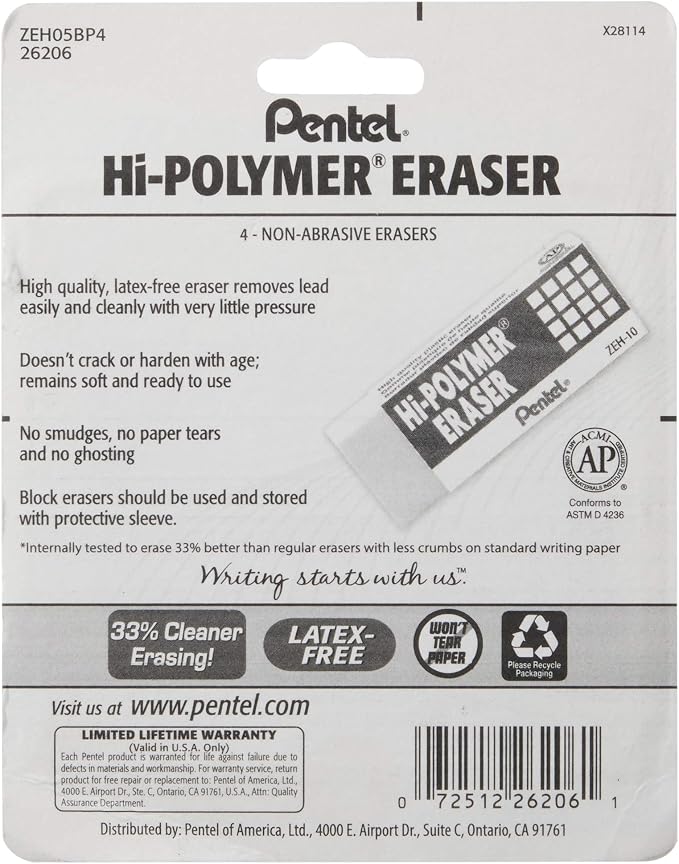 Pentel Hi-Polymer Block Eraser, Small | White | Pack of 8 | ZEH05BP4