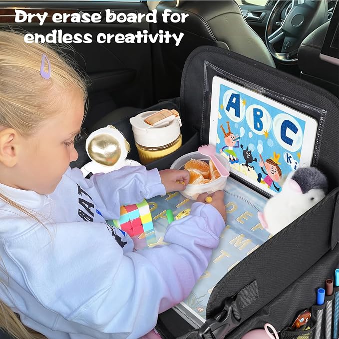 MENZOKЕ Kids Travel Tray, Road Trip Activities for Kids Toddlers | Toddler Car Activities with No-Drop iPad Holder Stand, Roadtrip Essentials with Dry Erase Board & Cooler Cup Holder, Black
