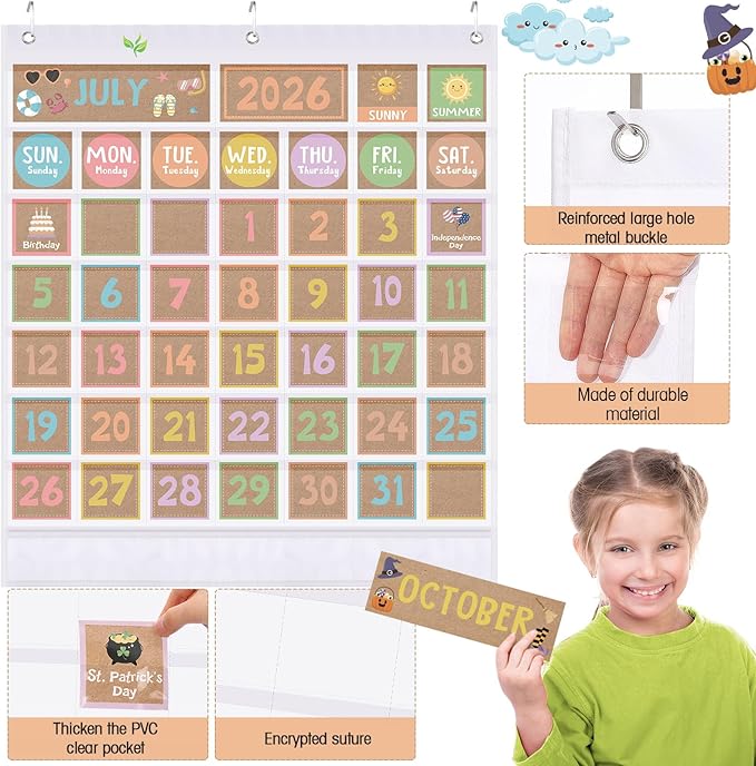 Sinload Classroom Calendar Pocket Chart Set Calendar Bulletin Board Set Seasons Festival Weather Pocket Chart for Classroom Decoration Back to School Supplies(Rustic,White)