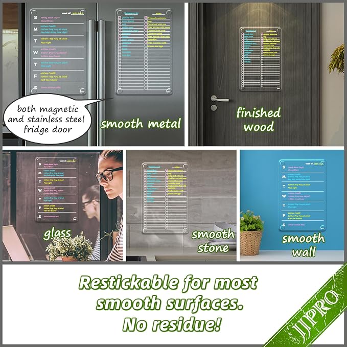 JJPRO Non-Magnetic Clear Weekly Planner & to Do List for Fridge, 8.5"x13" Dry Erase to Do List WhiteBoard,Reuasble Weekly Calendar for Refrigerator,Cabinet,Wall&Glass, All Smooth Surfaces