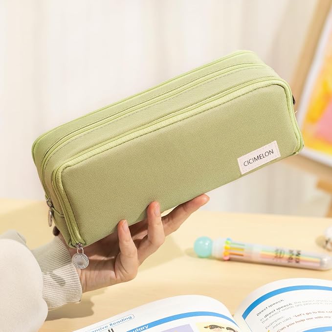 CICIMELON Large Capacity Pencil Case 3 Compartment Pouch Pen Bag for School Teen Girl Boy Men Women (Green)