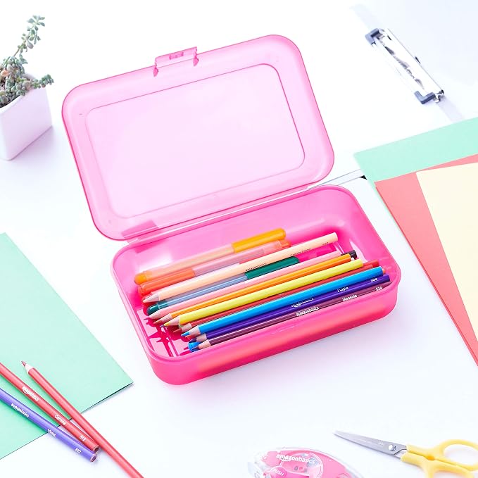 Amazon Basics 4-Pack Large Pencil Cases, Storage Organizer, Durable Plastic School Supply Box, Multi-Color Student Organization for Office, College & Classroom Supplies