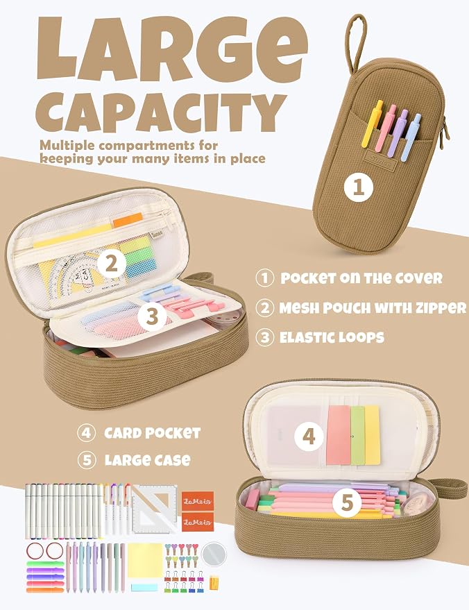 SUNEE Cute Pencil Case, Large Pencil Pouch, Soft Corduroy Fabric Big Pencil Bag with Zipper, Kawaii Pen Bag Stationery Storage and Organizer, School Supplies for Teen, Student, Boys, Girls, Khaki