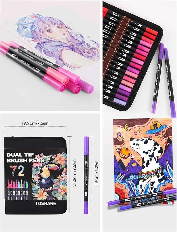 TOSHARE 72 Colors Brush & Fine Dual Tip Watercolor Markers for Adult Coloring Books No Bleeding Paint Pens For Drawing Note Taking Planner Calligraphy Journaling Card Making Back-to-School Supplies