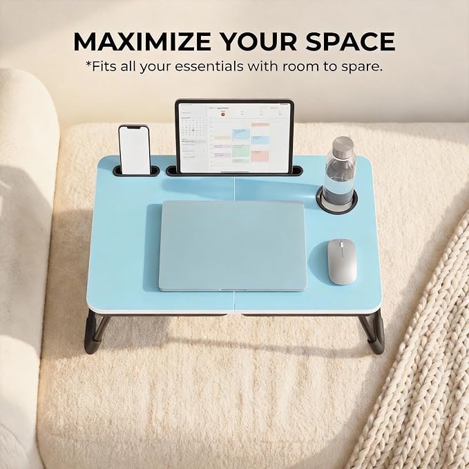 BUYIFY 23.4" Foldable Lap Desk Bed Table with Cup Holder Portable Tray Blue | Folds Flat for Easy Storage, No Assembly Laptop Bed Desk, Sturdy and Lightweight, Versatile for Work Eat Study, Patent Design