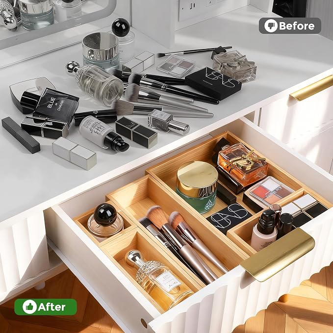 Bamboo Drawer Organizer Set, 14 PCS Multi-Use Individual Wood Storage Organizers, Junk Drawer Divider and Storage Trays Containers for Kitchen, Bathroom, Office Desk, Makeup, Jewelry, Utensils