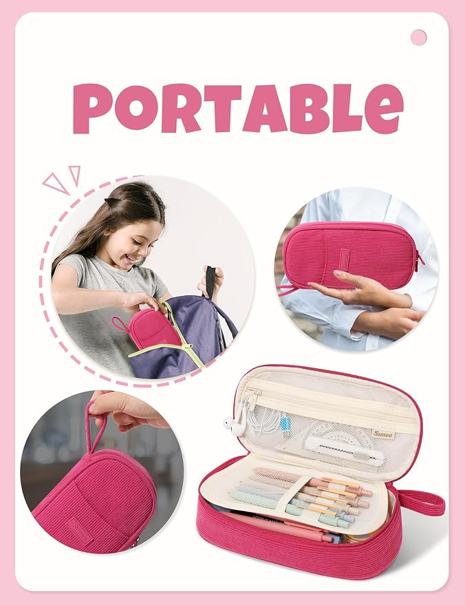 SUNEE Cute Pencil Case, Large Pencil Pouch, Soft Corduroy Fabric Big Pencil Bag with Zipper, Kawaii Pen Bag Stationery Storage and Organizer, School Supplies for Teen, Student, Boys, Girls, Berry Pink