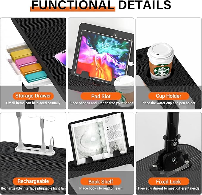 Lap Desk for Bed, Adjustable Laptop Desk with USB Charging Port, Storage Drawer & Bookshelf — Foldable Bed Desk for WFH & Students, 23.6" Desktop Fits 17" Laptop, Non-Slip, Black
