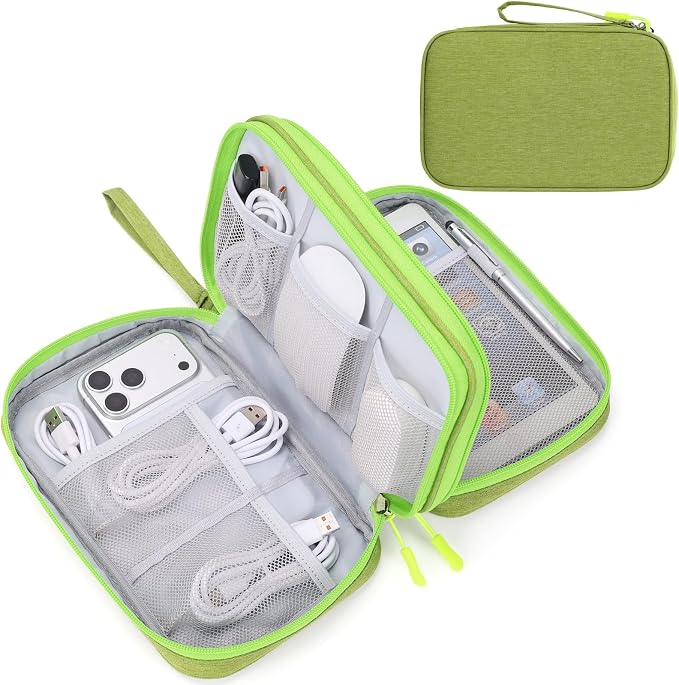 FYY Electronic Organizer, Large Travel Cable Organizer Bag Pouch Electronic Accessories Carry Case Portable Waterproof Double Layers All-in-One Storage Bag for Cable, Cord, Charger, Green