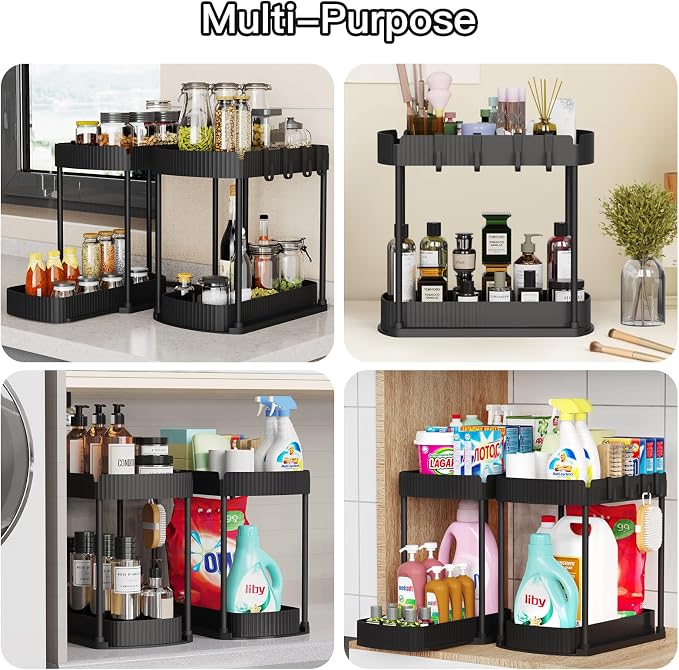 Ukeetap 2 Pack Multi-Purpose Pull-Out Storage Organizers, Under Sink Organizers and Storage for Bathroom & Kitchen, Under Cabinet Organizers and storage, 14.8 Inch, Black