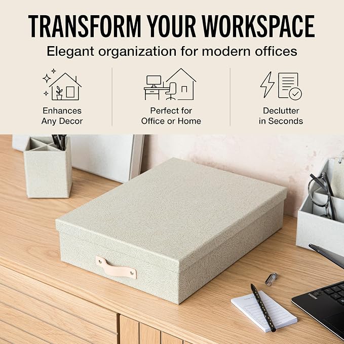 Bigso Oskar Fiberboard Document Storage Box with Lid for A4 and Letter Size Papers - Stylish, Sturdy, and Stackable Keepsake Box with Leather Handle - W10.2in x D13.8in x H3.3in - Waves Gold
