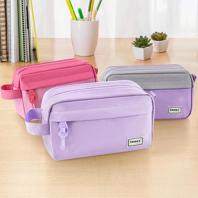 Sooez Original High Capacity Pencil Case, Big Pencil Bag Pouch Box Organizer Pen Case, Aesthetic Supply for Girls Adults, Portable Journaling Supplies with Easy Grip Handle & Loop, Purple