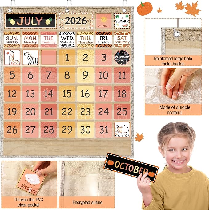 Sinload Classroom Calendar Pocket Chart Set Calendar Bulletin Board Set Seasons Festival Weather Pocket Chart for Classroom Decoration Back to School Supplies(We Belong,Wood Color)